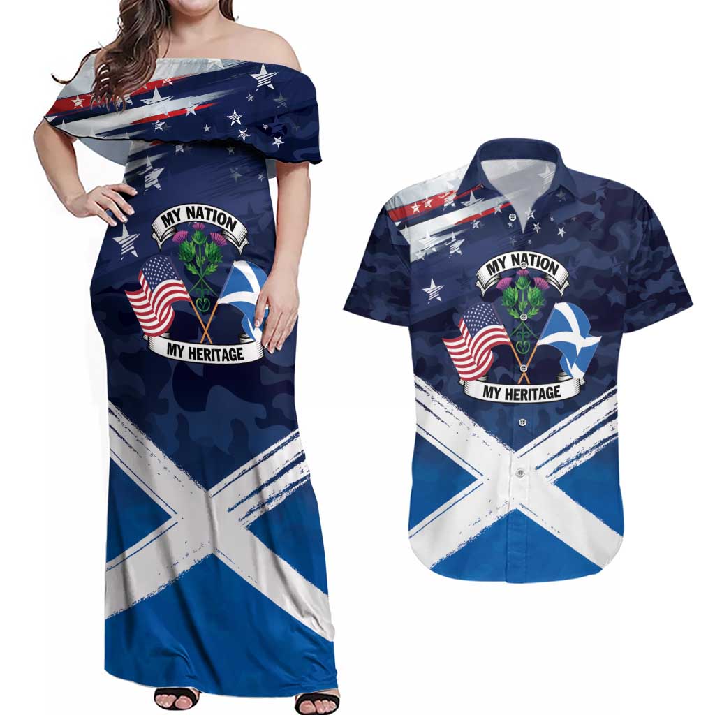 USA Scotland Flag Couples Matching Off Shoulder Maxi Dress and Hawaiian Shirt My Nation My Heritage