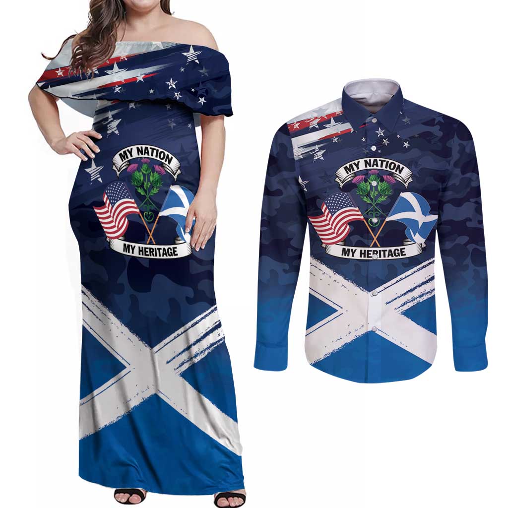 USA Scotland Flag Couples Matching Off Shoulder Maxi Dress and Long Sleeve Button Shirt My Nation My Heritage