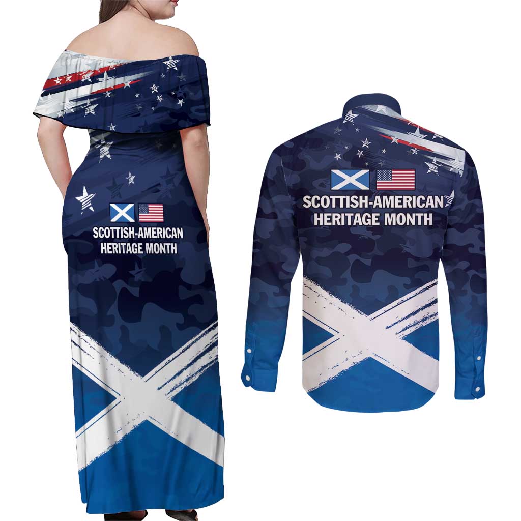 USA Scotland Flag Couples Matching Off Shoulder Maxi Dress and Long Sleeve Button Shirt My Nation My Heritage