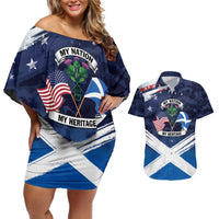 USA Scotland Flag Couples Matching Off Shoulder Short Dress and Hawaiian Shirt My Nation My Heritage