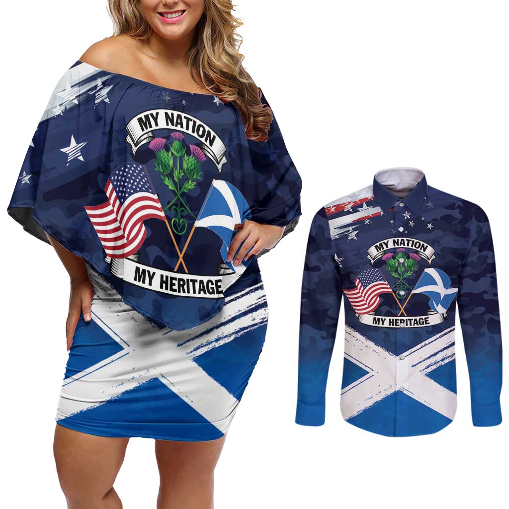USA Scotland Flag Couples Matching Off Shoulder Short Dress and Long Sleeve Button Shirt My Nation My Heritage