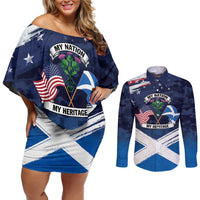 USA Scotland Flag Couples Matching Off Shoulder Short Dress and Long Sleeve Button Shirt My Nation My Heritage