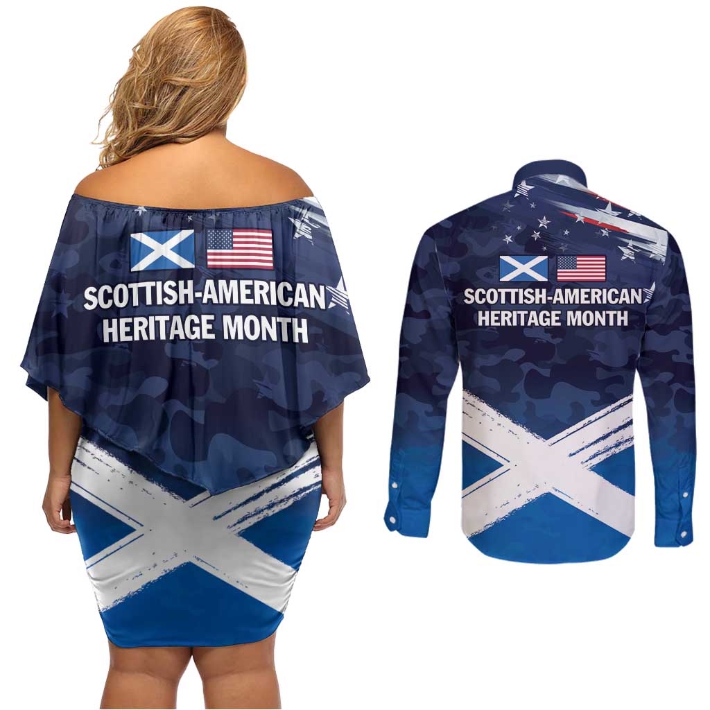 USA Scotland Flag Couples Matching Off Shoulder Short Dress and Long Sleeve Button Shirt My Nation My Heritage
