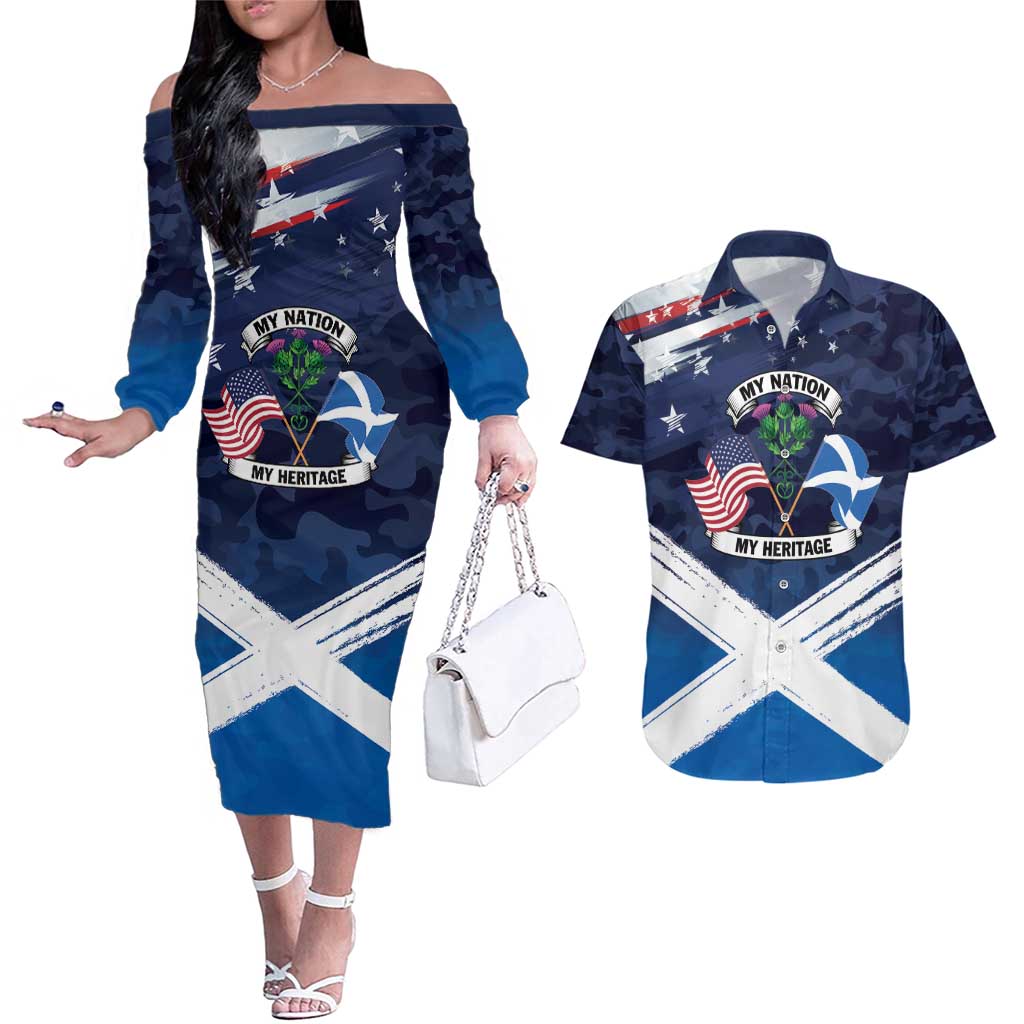 USA Scotland Flag Couples Matching Off The Shoulder Long Sleeve Dress and Hawaiian Shirt My Nation My Heritage