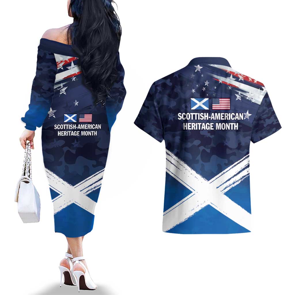 USA Scotland Flag Couples Matching Off The Shoulder Long Sleeve Dress and Hawaiian Shirt My Nation My Heritage