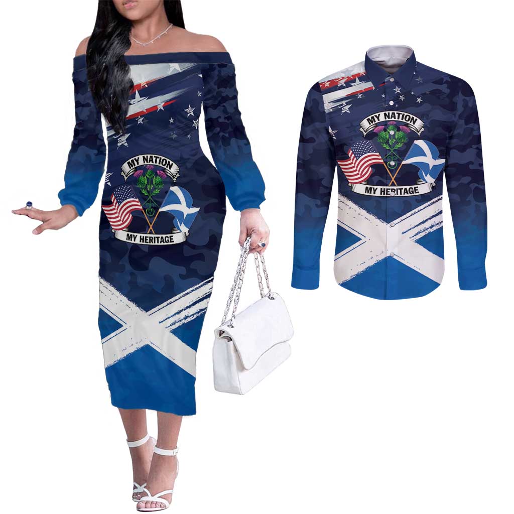 USA Scotland Flag Couples Matching Off The Shoulder Long Sleeve Dress and Long Sleeve Button Shirt My Nation My Heritage