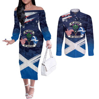 USA Scotland Flag Couples Matching Off The Shoulder Long Sleeve Dress and Long Sleeve Button Shirt My Nation My Heritage