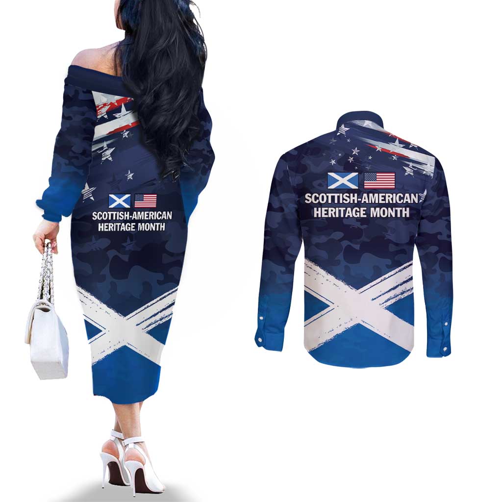 USA Scotland Flag Couples Matching Off The Shoulder Long Sleeve Dress and Long Sleeve Button Shirt My Nation My Heritage