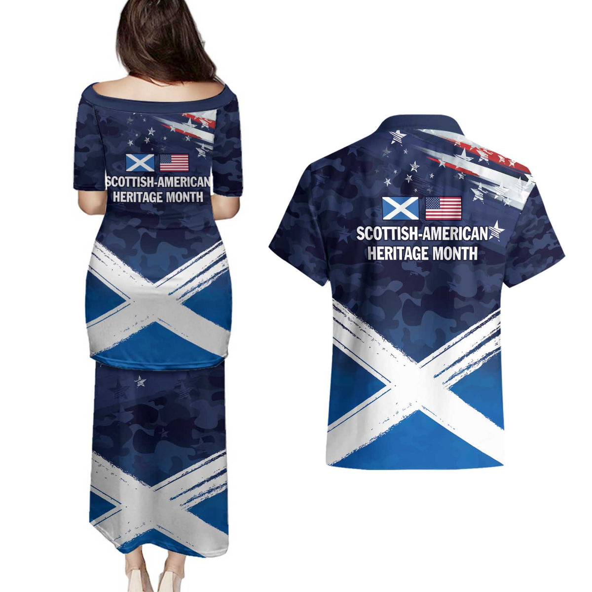 USA Scotland Flag Couples Matching Puletasi and Hawaiian Shirt My Nation My Heritage