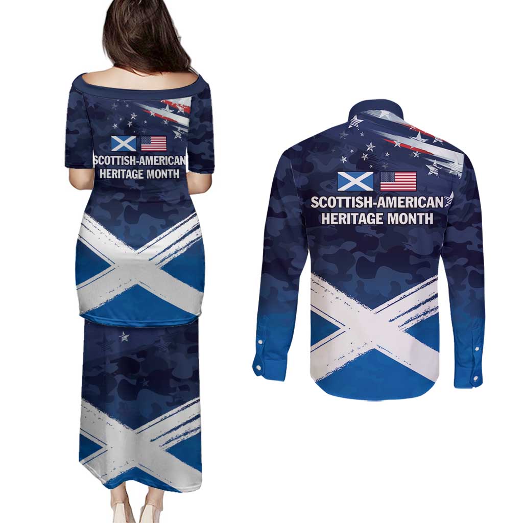 USA Scotland Flag Couples Matching Puletasi and Long Sleeve Button Shirt My Nation My Heritage