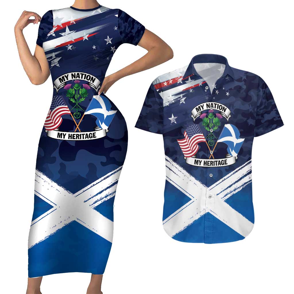 USA Scotland Flag Couples Matching Short Sleeve Bodycon Dress and Hawaiian Shirt My Nation My Heritage