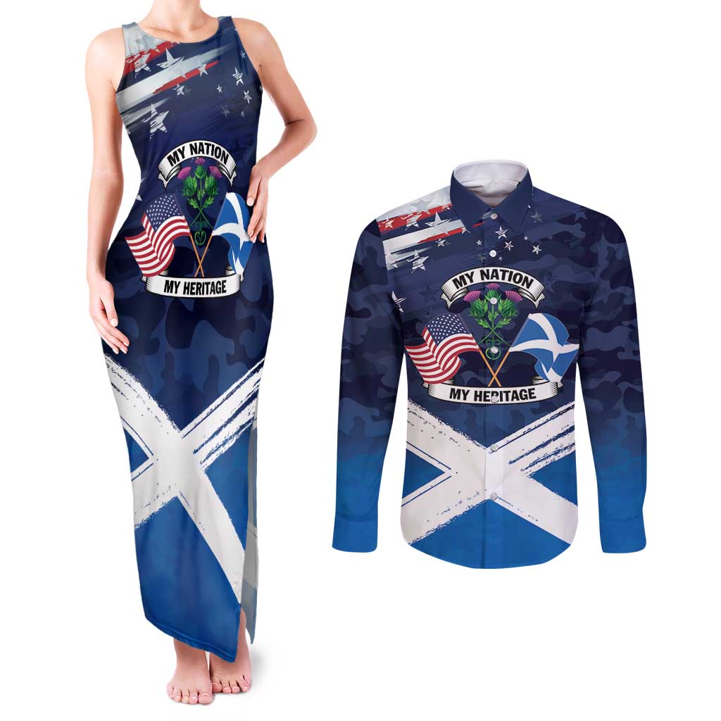 USA Scotland Flag Couples Matching Tank Maxi Dress and Long Sleeve Button Shirt My Nation My Heritage