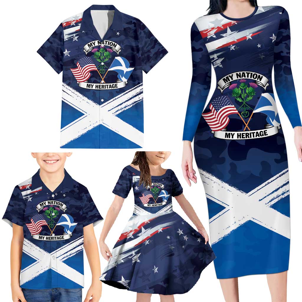 USA Scotland Flag Family Matching Long Sleeve Bodycon Dress and Hawaiian Shirt My Nation My Heritage