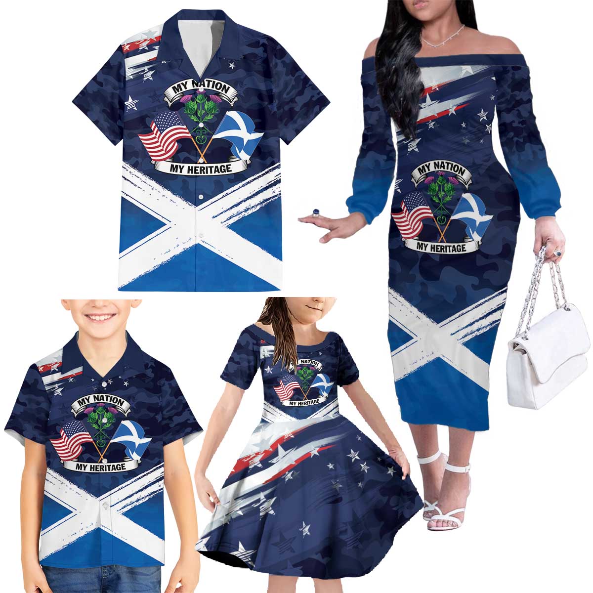 USA Scotland Flag Family Matching Off The Shoulder Long Sleeve Dress and Hawaiian Shirt My Nation My Heritage