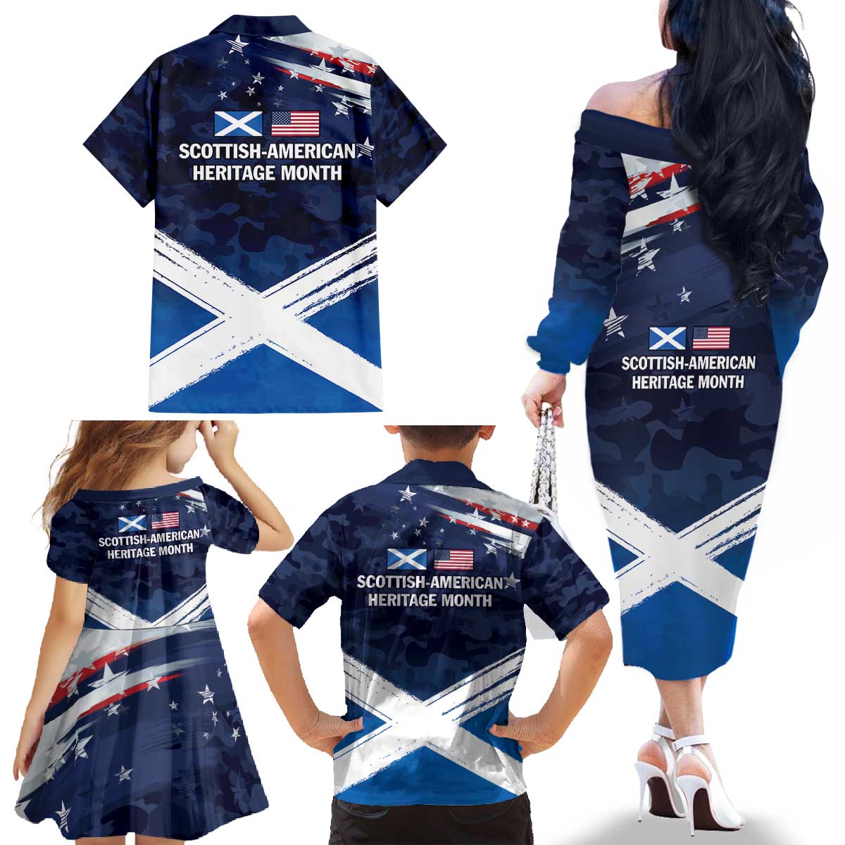 USA Scotland Flag Family Matching Off The Shoulder Long Sleeve Dress and Hawaiian Shirt My Nation My Heritage