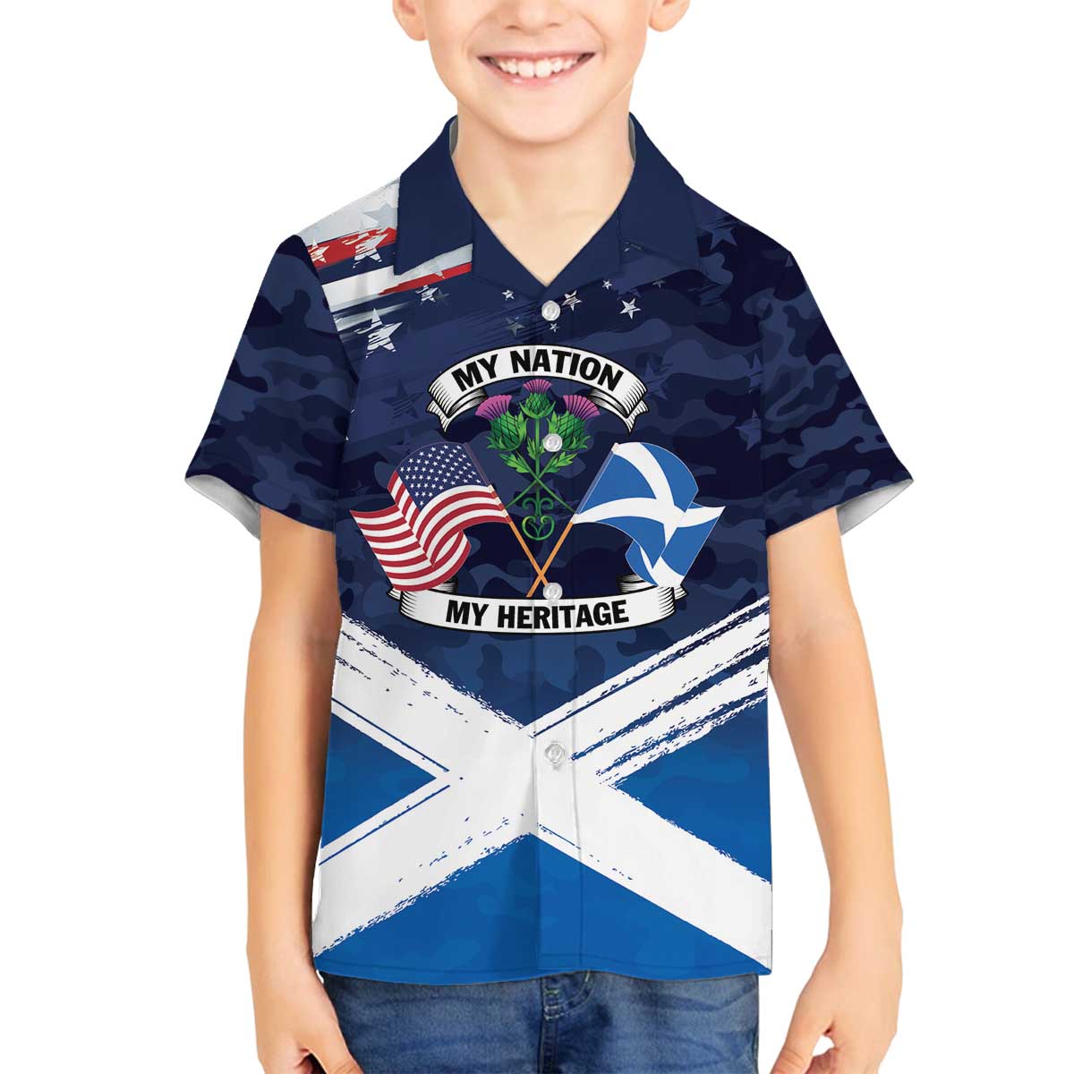 USA Scotland Flag Family Matching Off The Shoulder Long Sleeve Dress and Hawaiian Shirt My Nation My Heritage