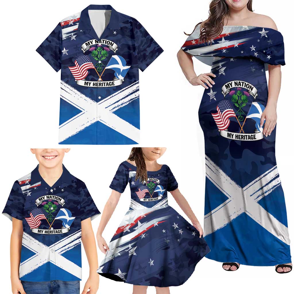 USA Scotland Flag Family Matching Off Shoulder Maxi Dress and Hawaiian Shirt My Nation My Heritage