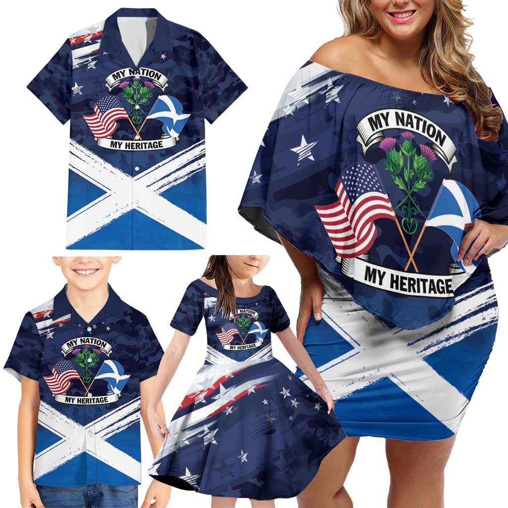 USA Scotland Flag Family Matching Off Shoulder Short Dress and Hawaiian Shirt My Nation My Heritage