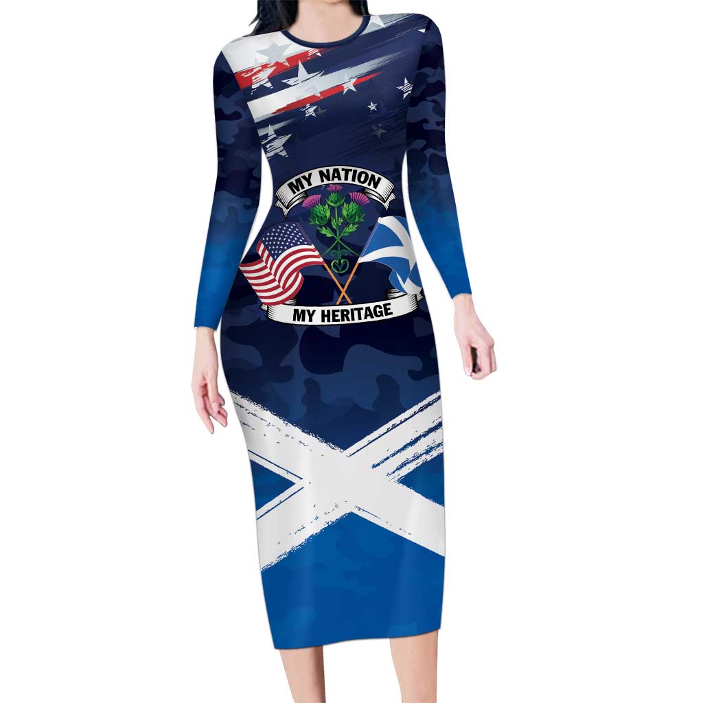 USA Scotland Flag Long Sleeve Bodycon Dress My Nation My Heritage