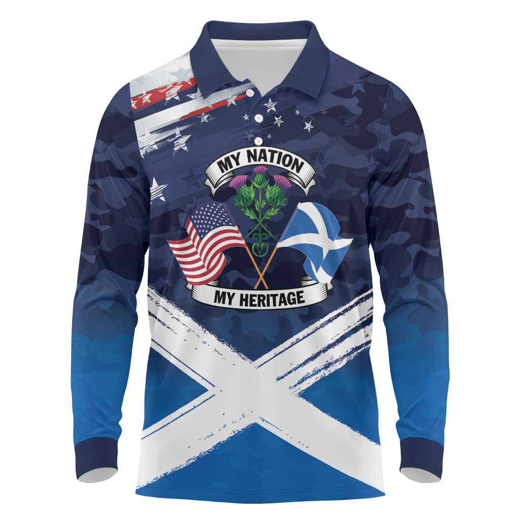 USA Scotland Flag Long Sleeve Polo Shirt My Nation My Heritage
