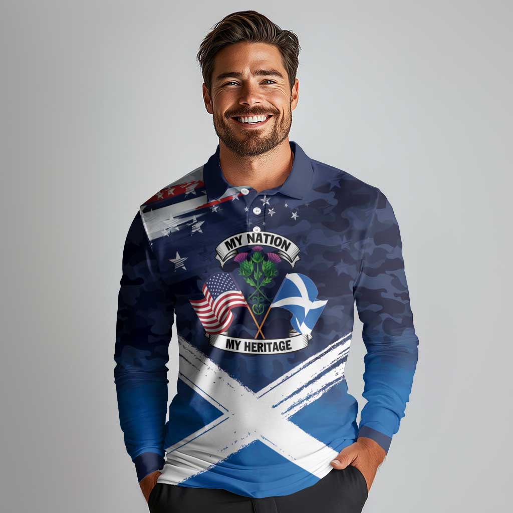 USA Scotland Flag Long Sleeve Polo Shirt My Nation My Heritage