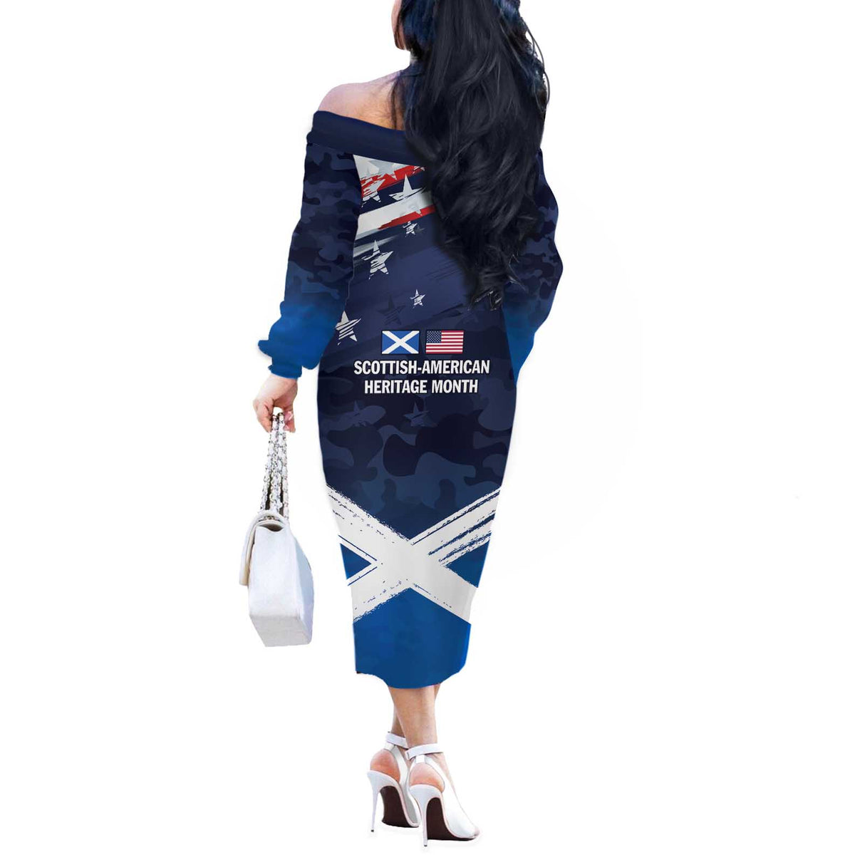 USA Scotland Flag Off The Shoulder Long Sleeve Dress My Nation My Heritage