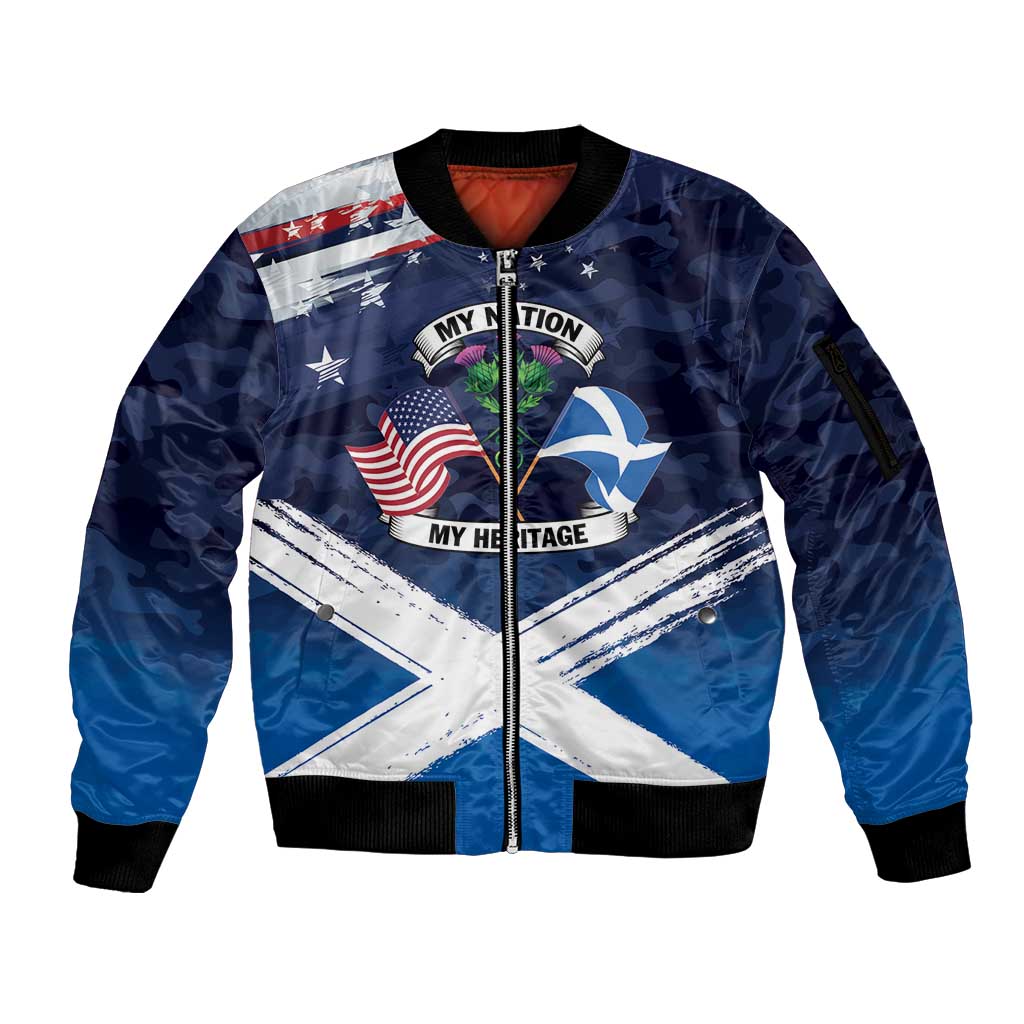 USA Scotland Flag Sleeve Zip Bomber Jacket My Nation My Heritage