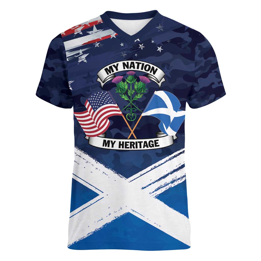 USA Scotland Flag Women V-Neck T-Shirt My Nation My Heritage