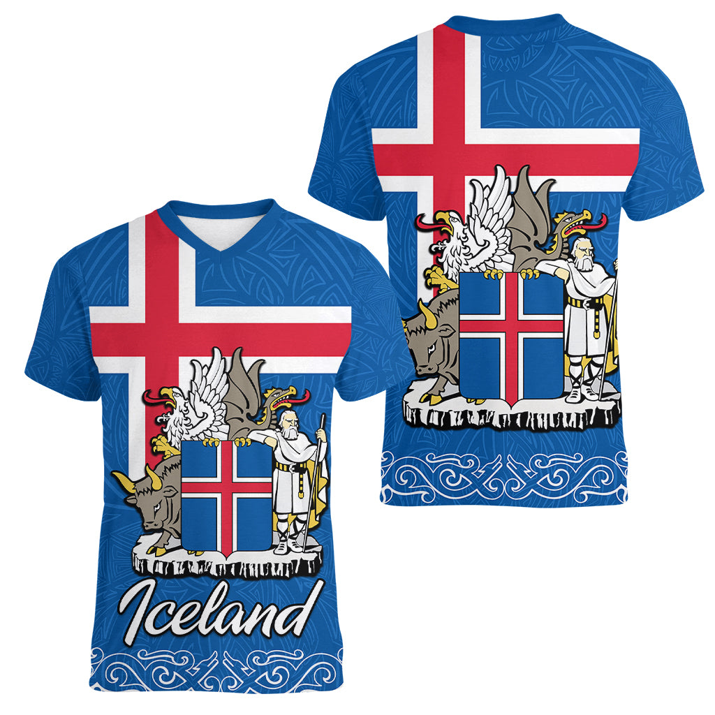 Iceland Women V Neck T Shirt Icelandic Coat Of Arms and Flag - Wonder Print Shop
