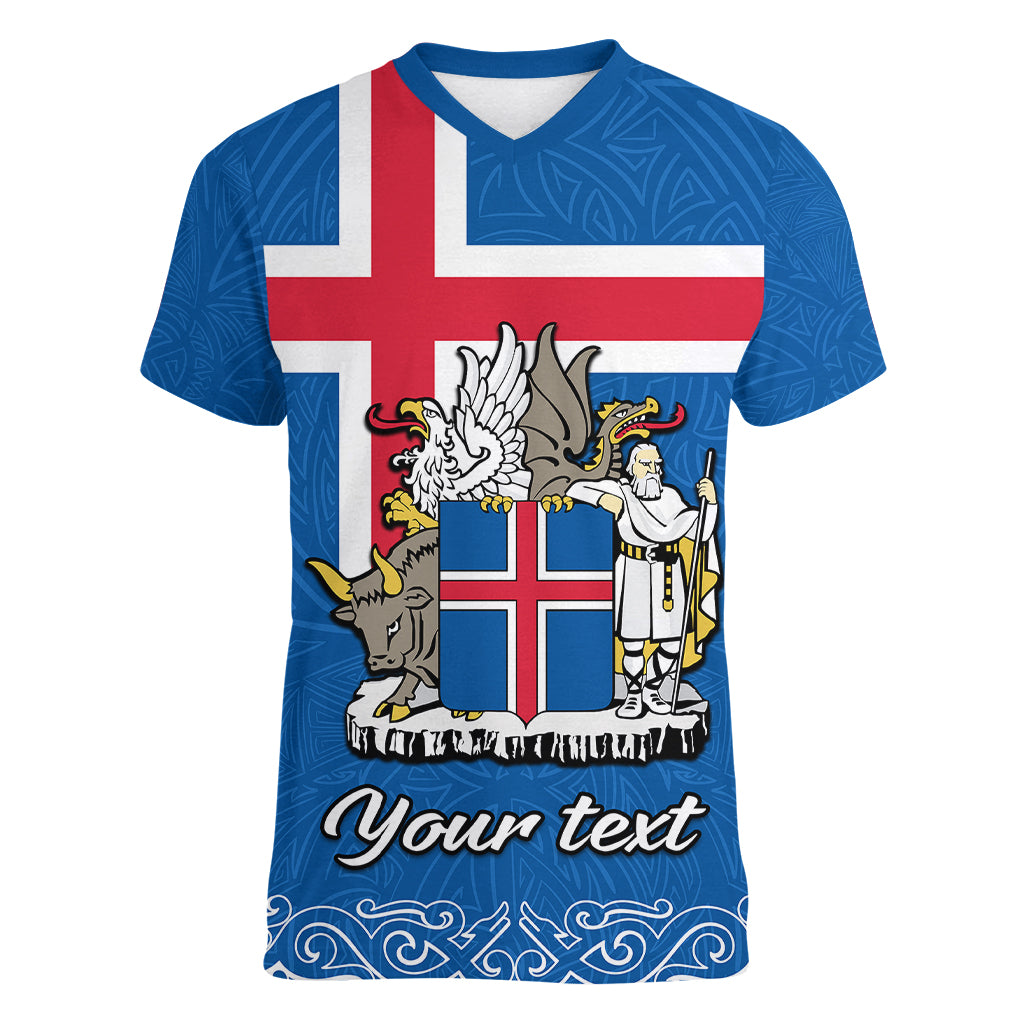Personalised Iceland Women V Neck T Shirt Icelandic Coat Of Arms and Flag - Wonder Print Shop