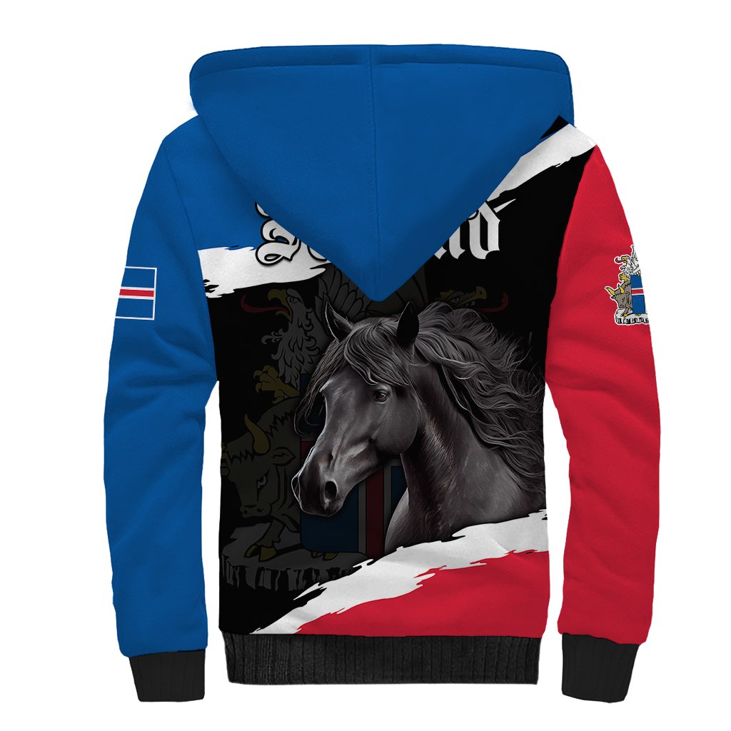 Sherpa hoodie with blue hood, horse graphic back panel, red and black sleeve accents