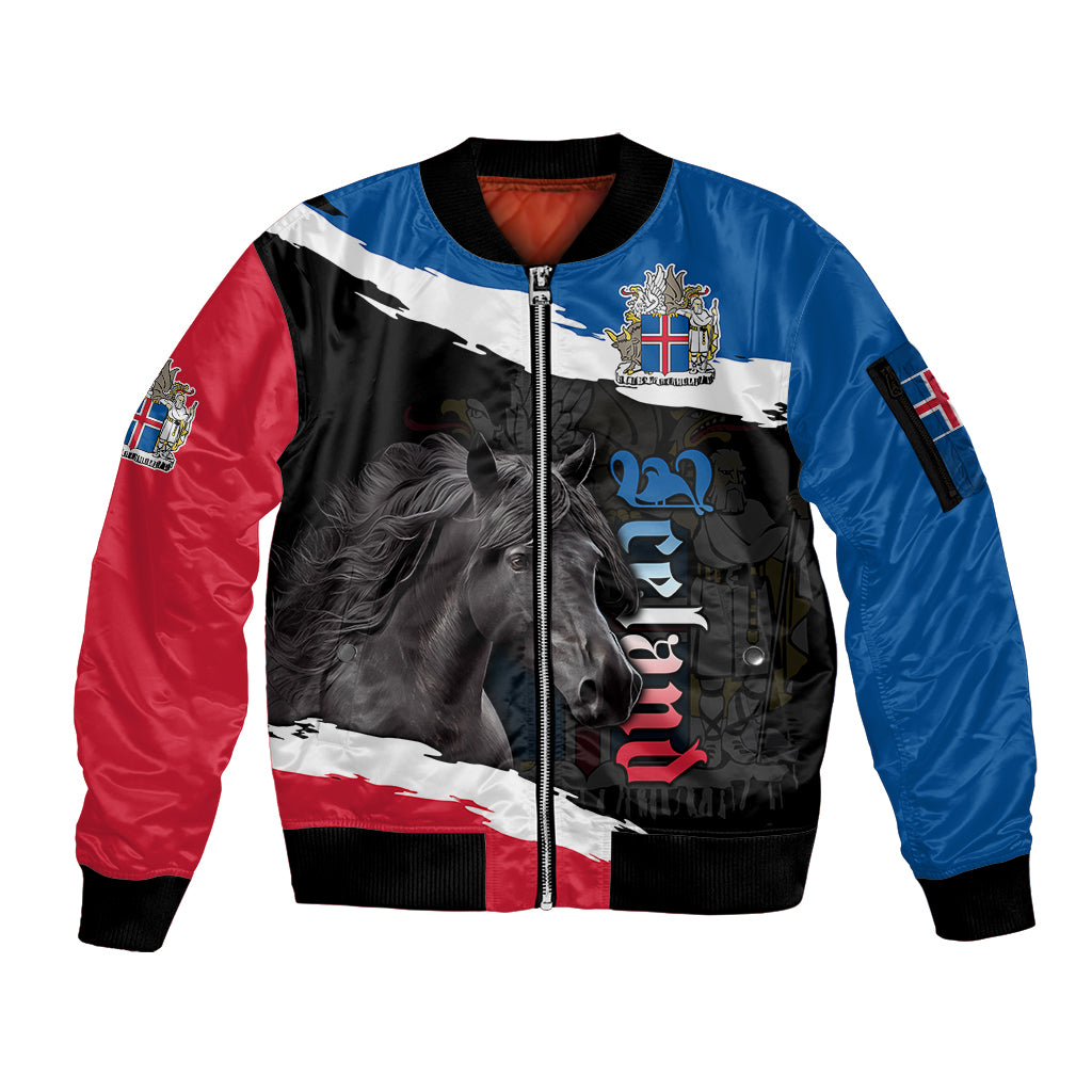 Icelandic Horse Sleeve Zip Bomber Jacket Icelandic Coat of Arm - Black - Wonder Print Shop