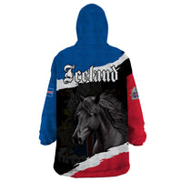 Wearable blanket hoodie with hood, blue and black back design, horse graphic and emblem