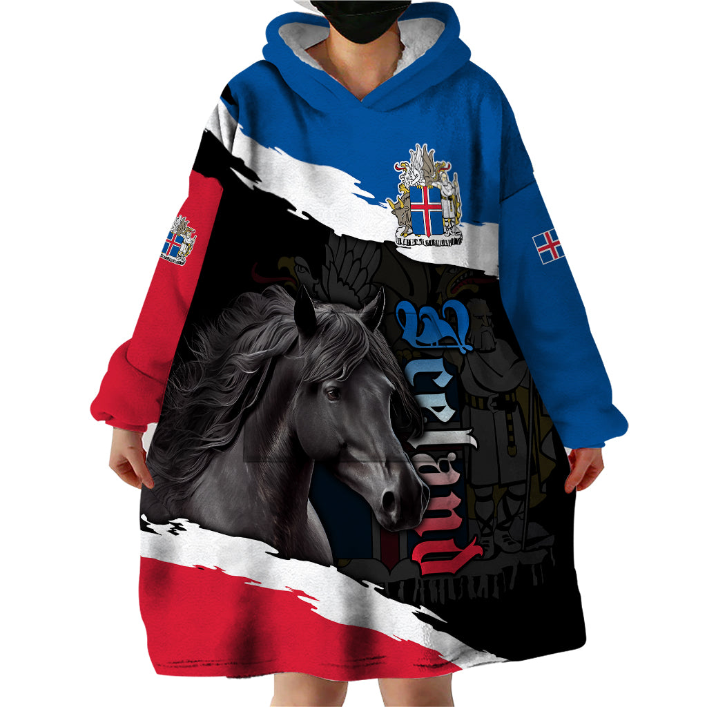 Wearable blanket hoodie dress length with hood, blue/red/white, front horse artwork