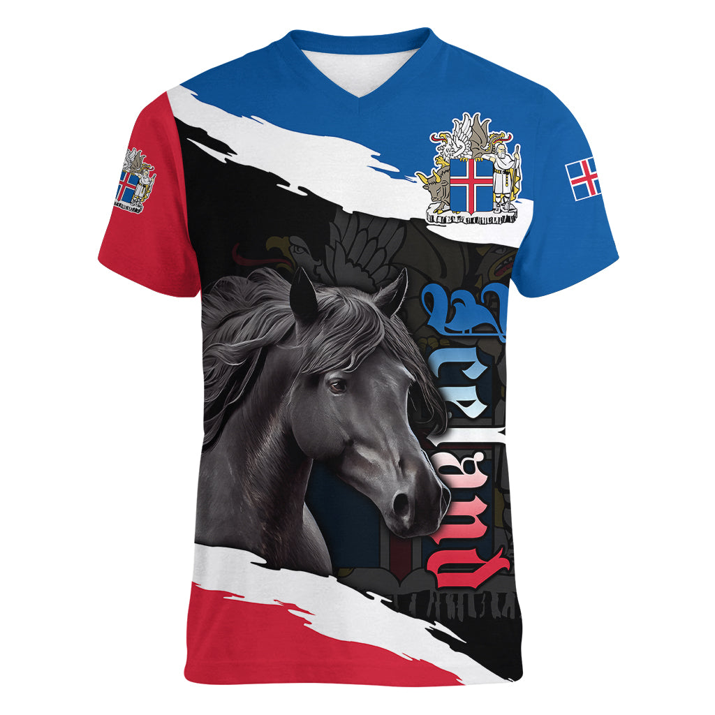 Icelandic Horse Women V Neck T Shirt Icelandic Coat of Arm - Black - Wonder Print Shop