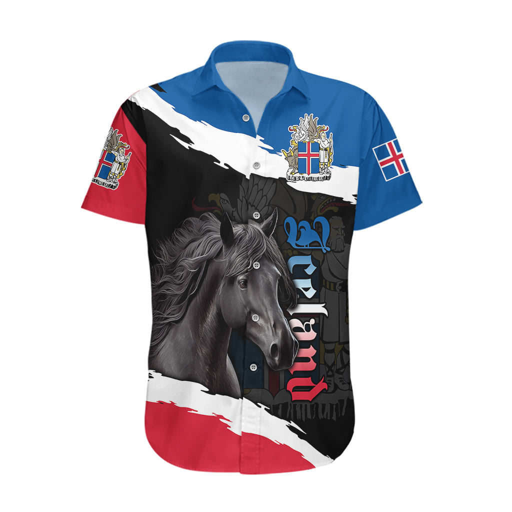 Personalised Icelandic Horse Hawaiian Shirt Icelandic Coat of Arm - Black - Wonder Print Shop