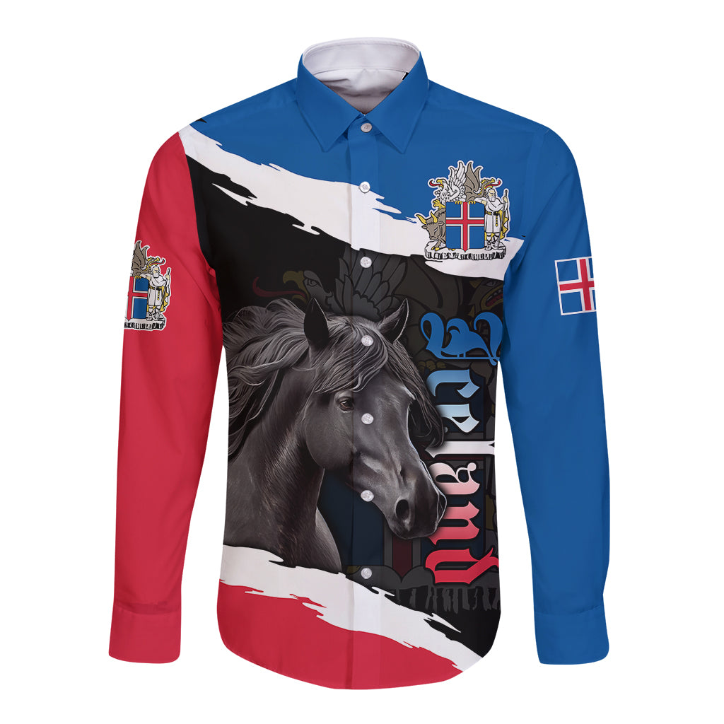 Personalised Icelandic Horse Long Sleeve Button Shirt Icelandic Coat of Arm - Black - Wonder Print Shop