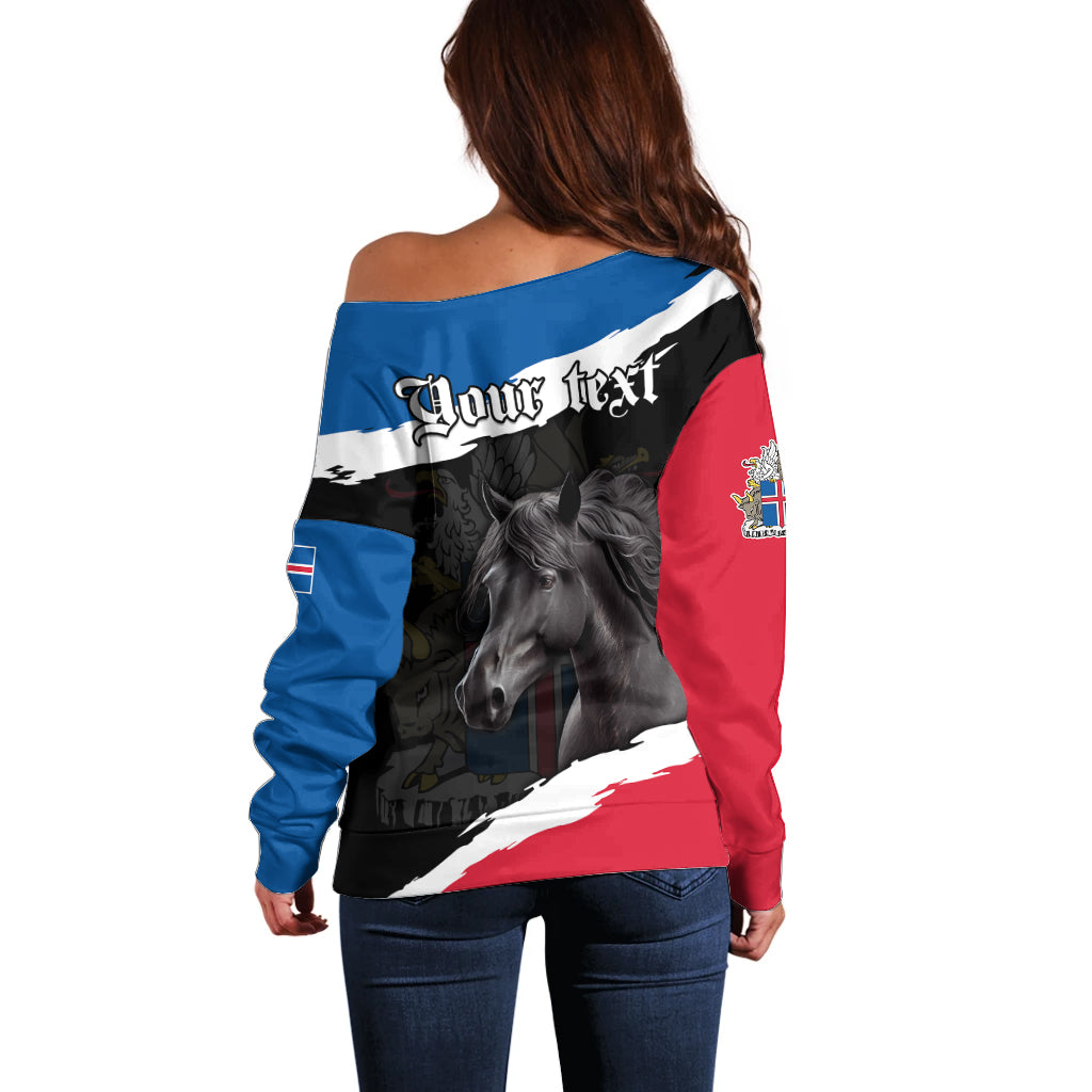 Personalised Icelandic Horse Off Shoulder Sweater Icelandic Coat of Arm - Black - Wonder Print Shop