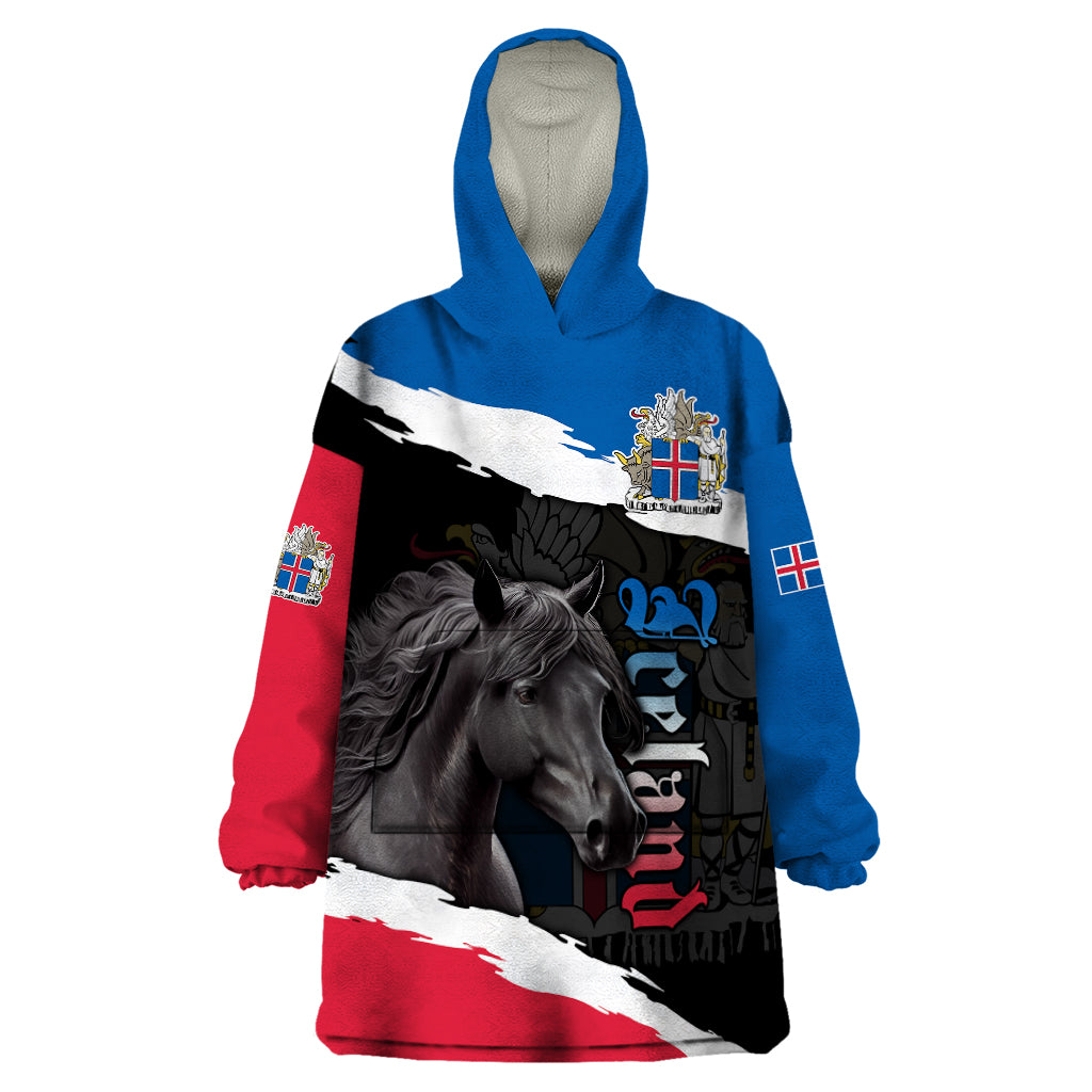 Personalised Icelandic Horse Wearable Blanket Hoodie Icelandic Coat of Arm - Black - Wonder Print Shop