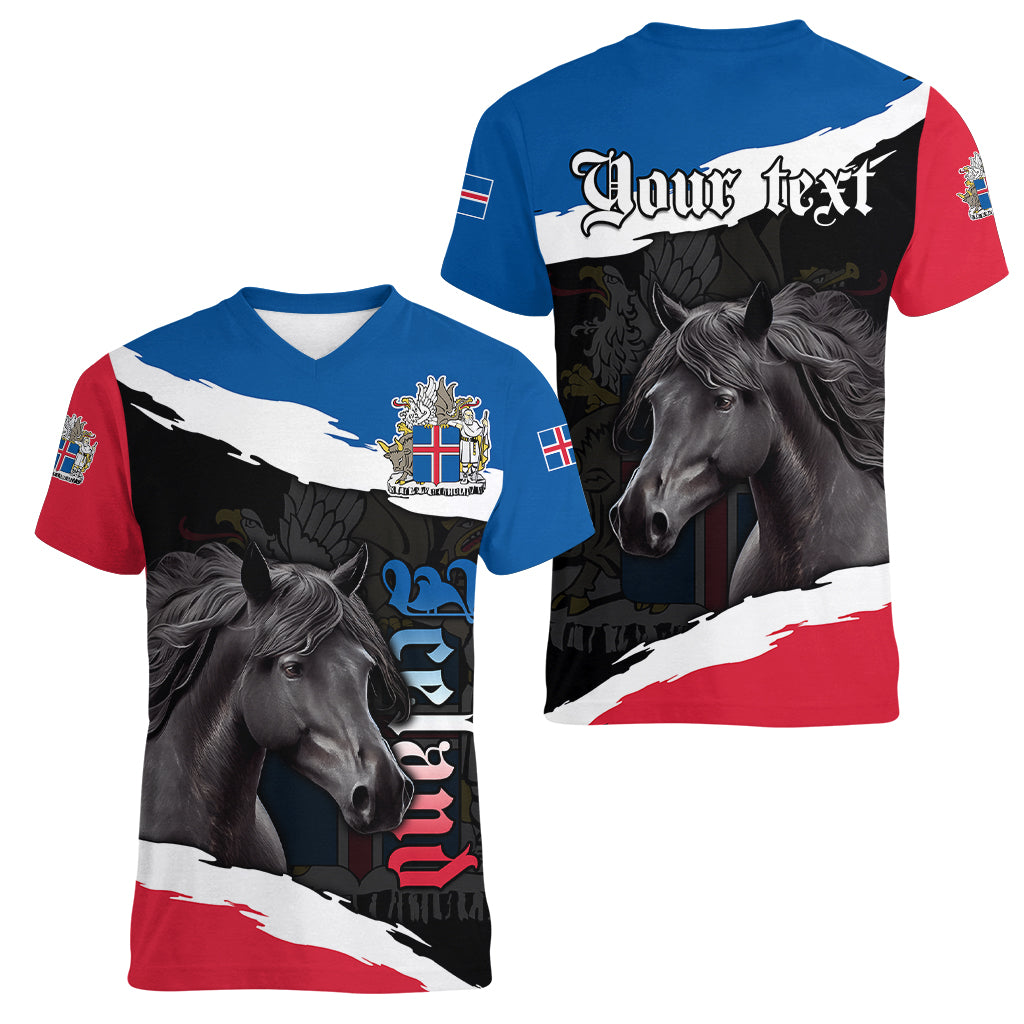 Personalised Icelandic Horse Women V Neck T Shirt Icelandic Coat of Arm - Black - Wonder Print Shop