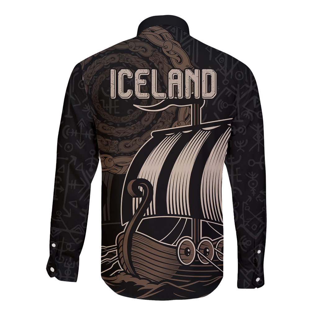 Viking Iceland Coat Of Arms Long Sleeve Button Shirt Viking Norman Ship Crossing The Sea - Wonder Print Shop
