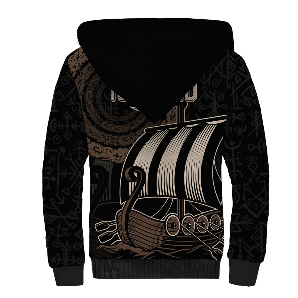 Viking Iceland Coat Of Arms Sherpa Hoodie Viking Norman Ship Crossing The Sea - Wonder Print Shop