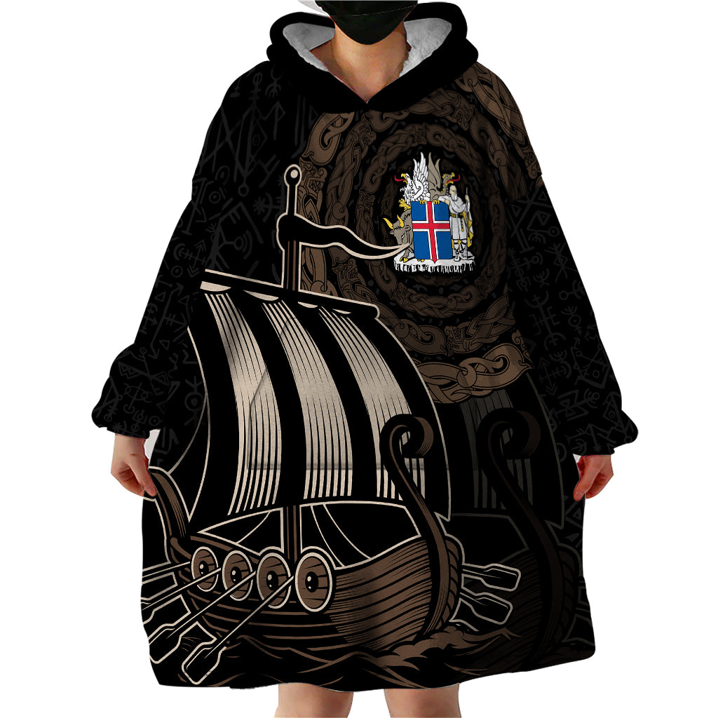 Viking Iceland Coat Of Arms Wearable Blanket Hoodie Viking Norman Ship Crossing The Sea - Wonder Print Shop