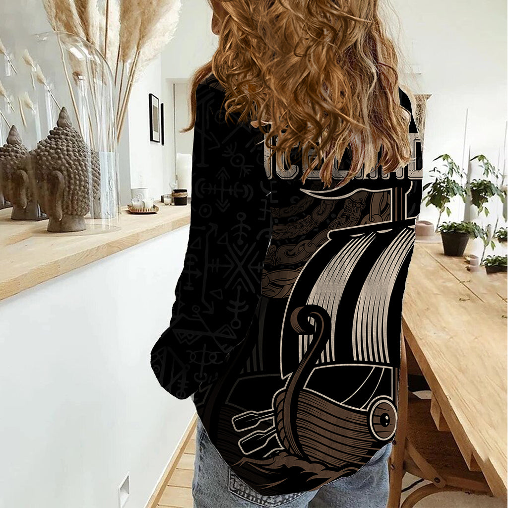 Women’s black long-sleeve shirt with Viking ship graphic across the front