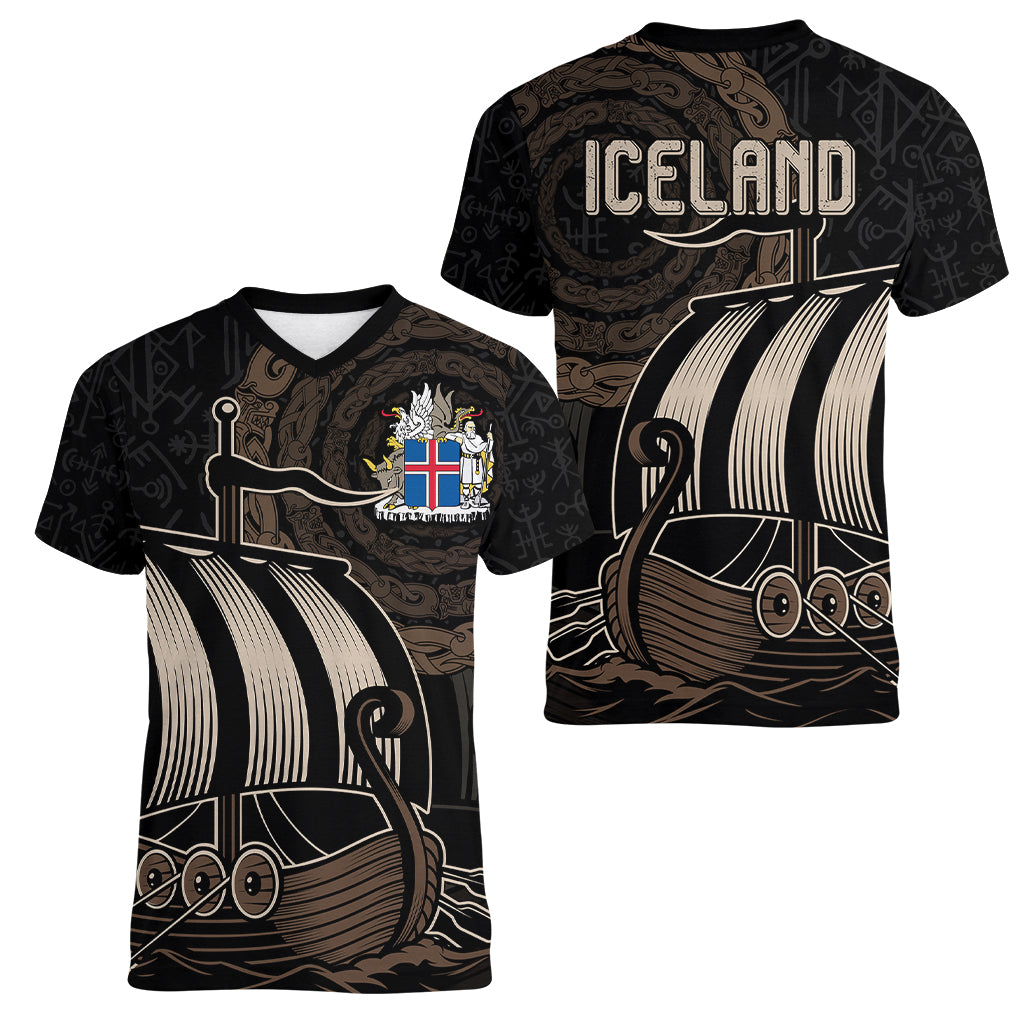 Viking Iceland Coat Of Arms Women V Neck T Shirt Viking Norman Ship Crossing The Sea - Wonder Print Shop