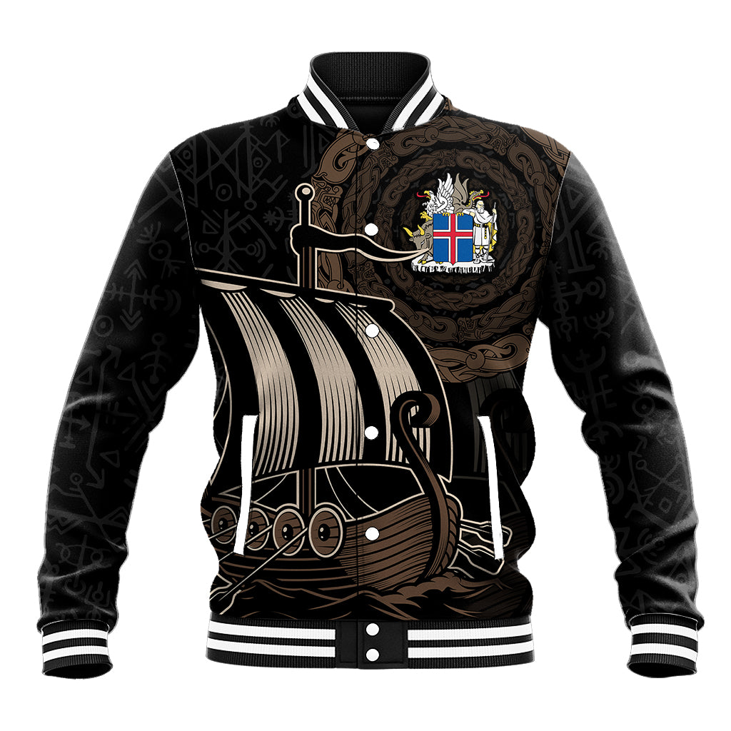 Personalised Viking Iceland Baseball Jacket Norman Ship with Coat Of Arms Crossing The Sea LT9 - Wonder Print Shop