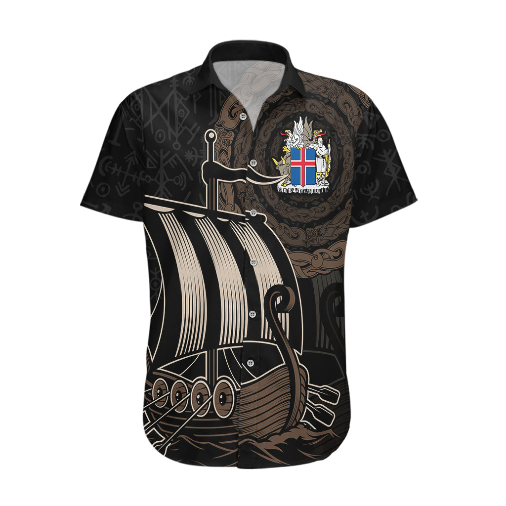 Personalised Viking Iceland Hawaiian Shirt Norman Ship with Coat Of Arms Crossing The Sea - Wonder Print Shop