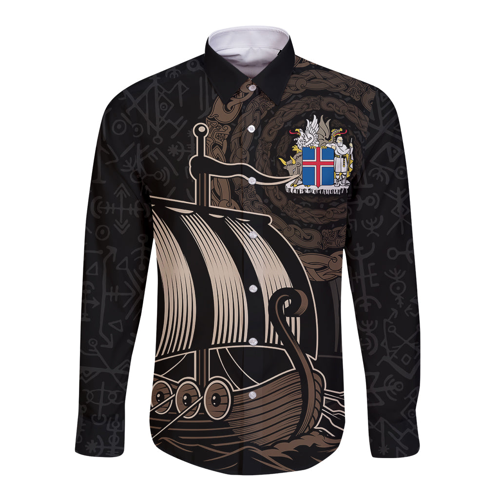 personalised-viking-iceland-long-sleeve-button-shirt-norman-ship-with-coat-of-arms-crossing-the-sea