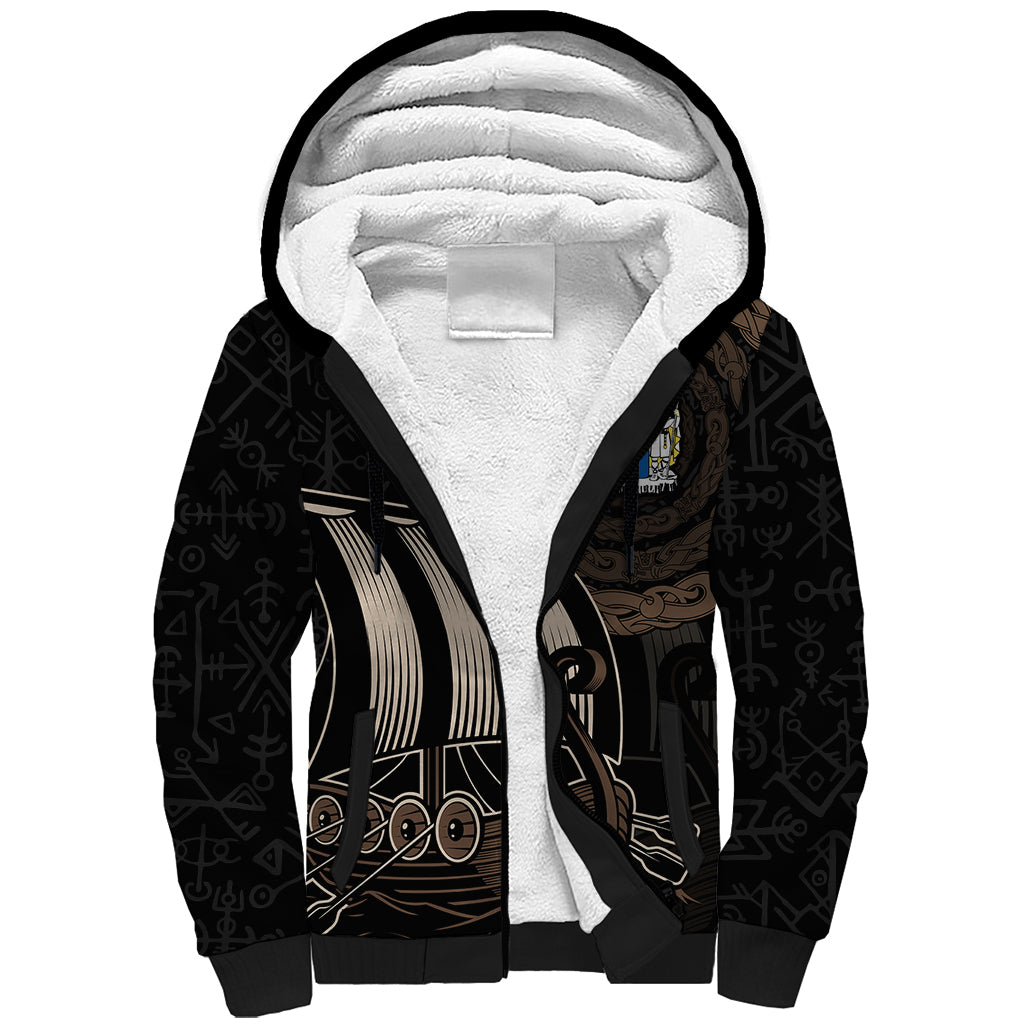 Personalised Viking Iceland Sherpa Hoodie Norman Ship with Coat Of Arms Crossing The Sea - Wonder Print Shop