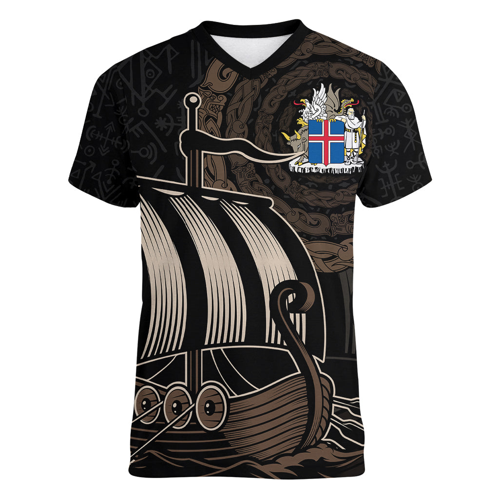 Personalised Viking Iceland Women V Neck T Shirt Norman Ship with Coat Of Arms Crossing The Sea - Wonder Print Shop